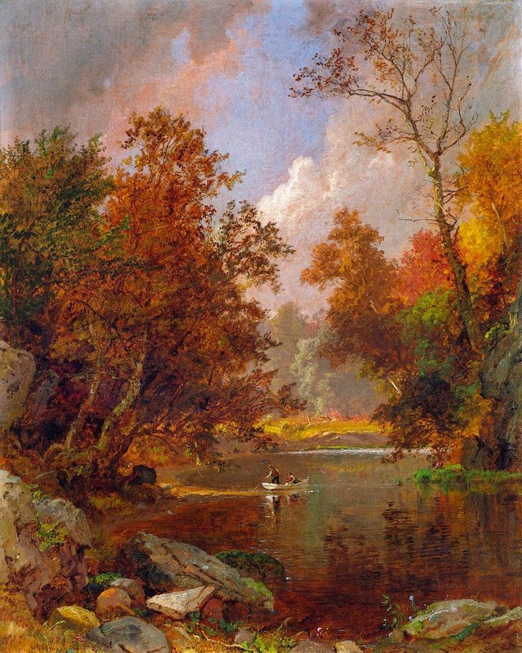 a painting of a river with trees and rocks in the foreground, on which is a man rowing a boat