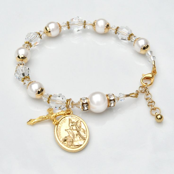 Gold Tone Guardian Angel Women's Rosary Bracelet - Swarovski Crystal and Pearls - Catholic Gift for Godmother, Women by RosariesOfLove on Etsy Adjustable Gold Rosary Bracelet With Jubilee Detail, Adjustable Gold Rosary Bracelet, Nickel-free Gold Charm Bracelet, Nickel-free Gold Round Charm Bracelet, Gold Round Nickel-free Charm Bracelet, Adjustable Gold Rosary Bracelet For Gift, Adjustable Gold Rosary Bracelet As Gift, Adjustable Personalized Gold Crystal Bracelet, Mother's Day Gold Charm Bracelet With Adjustable Chain