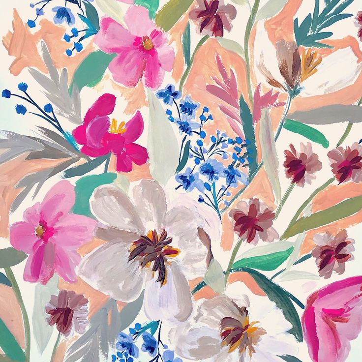 an abstract painting of flowers and leaves on a white background with blue, pink, orange, and red colors