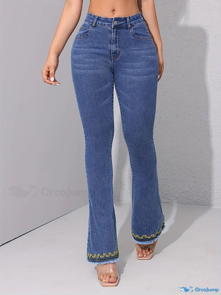 Orcajump - Embroidered Decor Niche Flare Jeans, Raw Hem Slant Pockets Bell Bottom Jeans, Women's Denim Jeans & Clothing Non-stretch Denim Blue Bottoms With Floral Embroidery, Casual Embroidered Cotton Flare Jeans, Embroidered Non-stretch Denim Pants, Fitted Embroidered Flare Jeans With Straight Leg, Mid-rise Fitted Embroidered Flare Jeans, Fitted Mid-rise Embroidered Flare Jeans, Non-stretch Denim Jeans With Embroidery, Casual Embroidered Denim Blue Flare Jeans, Casual Embroidered Flare Jeans In Denim Blue