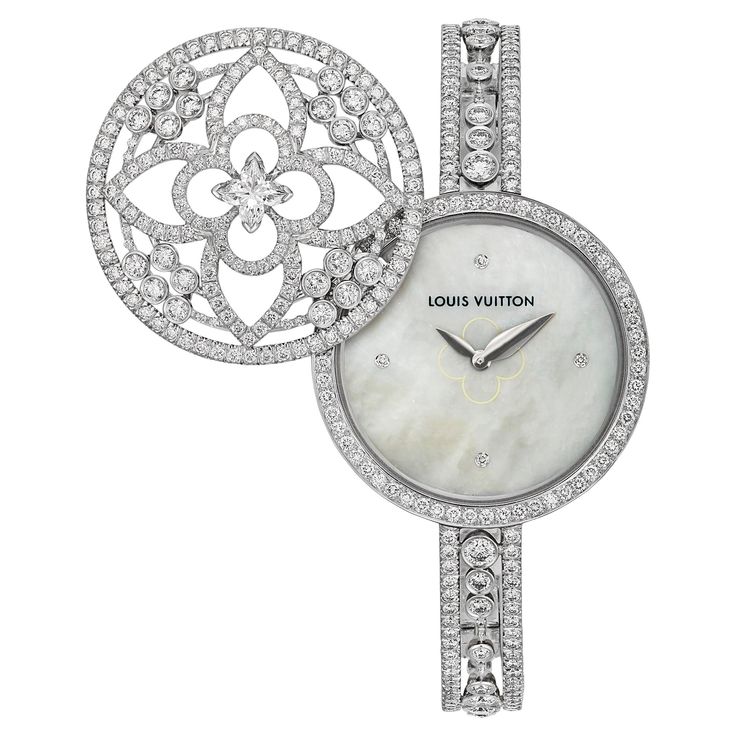 An unmistakable Louis Vuitton diamond watch showcasing a plethora of round brilliant cut diamonds 485, and one flower shaped diamond centrally located. 6.7ct TW This special and complicated designed diamond has more facets than a traditional round brilliant cut diamond which reveals additional brilliance. The watch case and band are constructed of 18k white gold, and the secret compartment reveals the mother of pearl dial adorned with 4 round brilliant cut diamonds. White Gold Diamond Bracelet, Diamond Watches Women, Wood Inlay Rings, Gold Diamond Watches, Diamond Watches, Trust Fund, Louis Vuitton Jewelry, Bracelets Gold Diamond, White Gold Diamond Rings