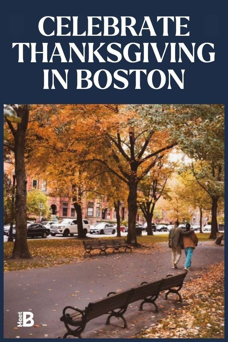 the cover of celebrate thanksgiving in boston, featuring benches and trees with leaves on them