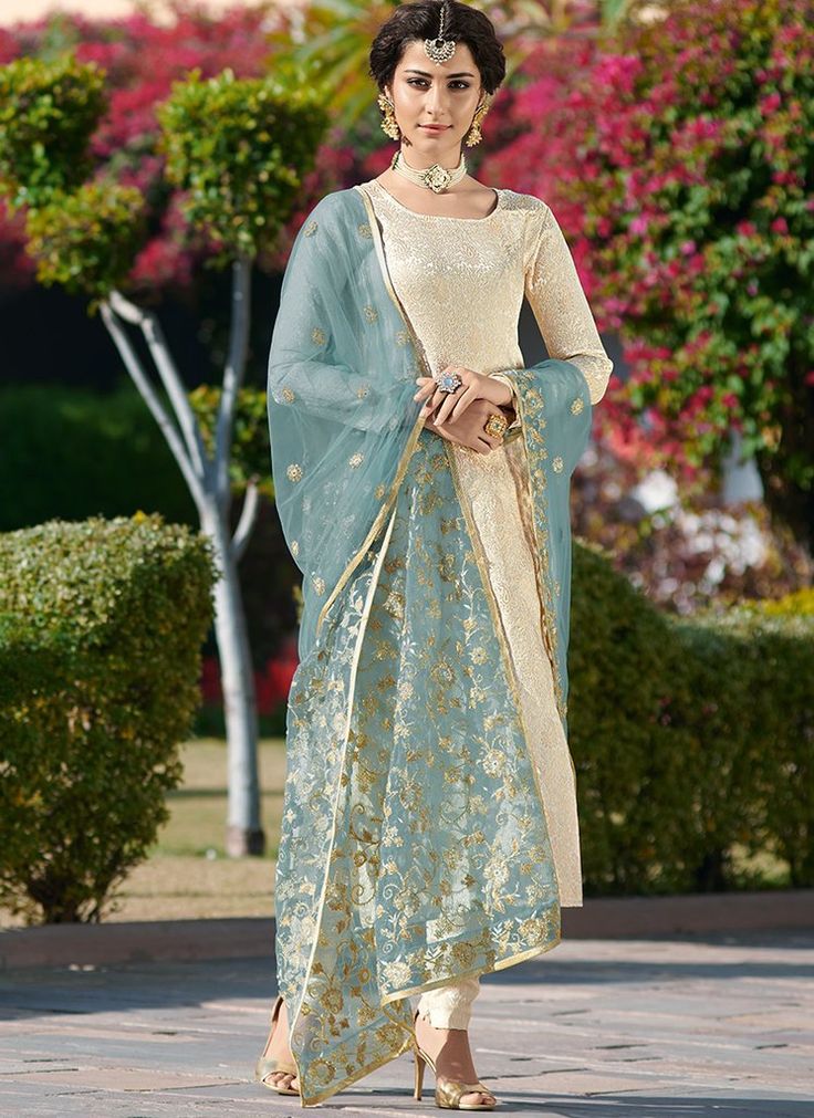 Off White and Dusty Blue Embroidered Straight Suit                      – Lashkaraa White Kameez, Indian Suits For Women, Green Anarkali, Churidar Designs, Churidar Suits, Salwar Kameez Online, Sharara Suit, Designer Salwar Suits, Punjabi Suit