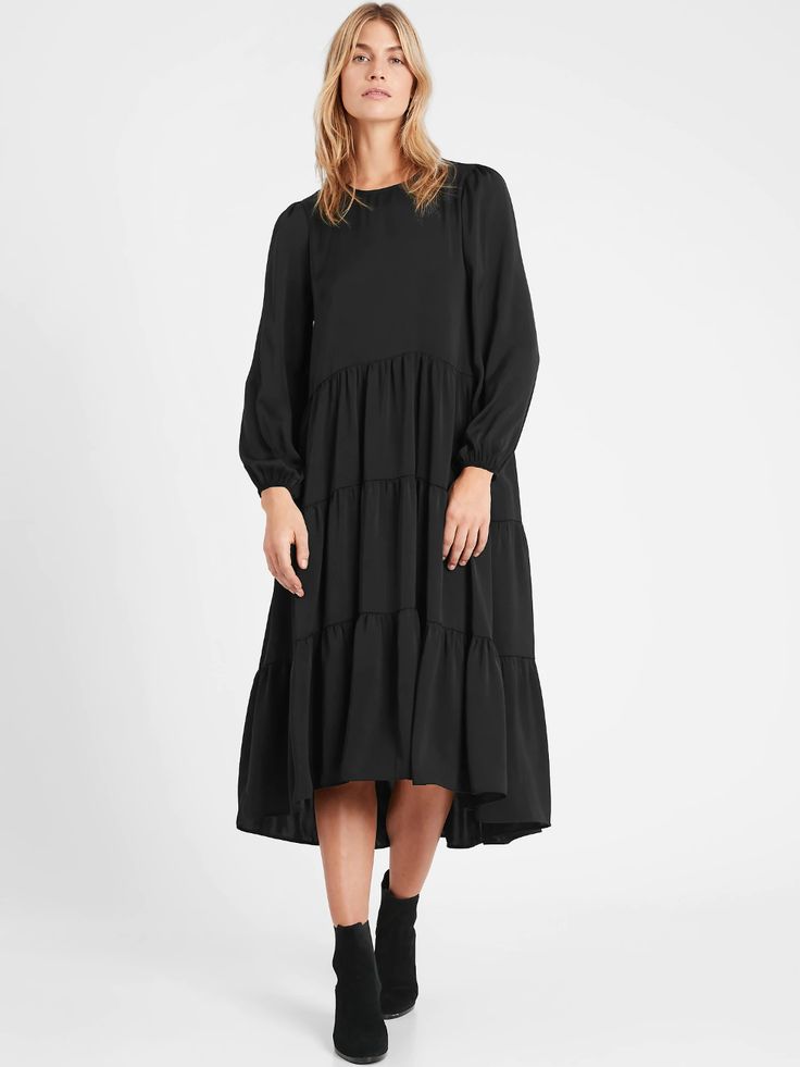 Satin Tiered Midi Dress | Banana Republic Black Ruffle Maxi Dress, Rayon A-line Maxi Dress, Flowy Viscose Dress For Work, Viscose Dresses With Flowy Skirt For Work, Flowy Midi-length Fall Dress, Flowy Midi-length Dress For Fall, Flowy Fall Midi Dress, Flowy A-line Midi Dress In Viscose, Flowy Silk A-line Midi Dress