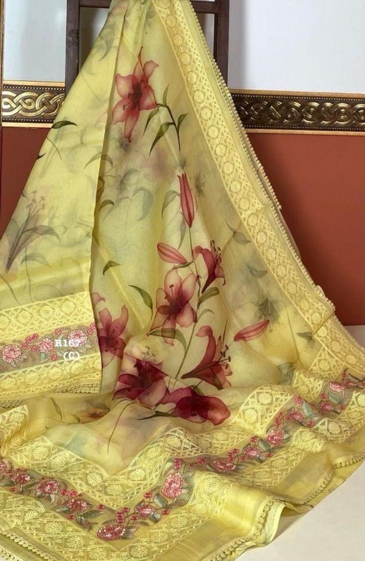 1.this is beautiful pure organza sari with digital print with embroidery flowers with running blouse piece 2.this sari is 5.5 mt length 3.this is a very elegant looking sari for all occasions like weddings and other formal events 4.fall n pico is complimentary 5.blouse can be made as per the requirements of the clients with proper measurements.stiching charges will be extra 6.plz check the availability of the sari before placing the order Yellow Silk Dupatta For Designer Wear, Tissue Silk Saree With Printed Motifs, Designer Silk Dupatta With Printed Motifs, Designer Yellow Katan Silk Dupatta, Tissue Silk Traditional Wear With Printed Motifs For Diwali, Designer Art Silk Dupatta With Printed Motifs, Semi-stitched Silk Saree With Printed Motifs, Tissue Silk Traditional Wear With Printed Motifs For Wedding, Semi-stitched Yellow Silk Dupatta