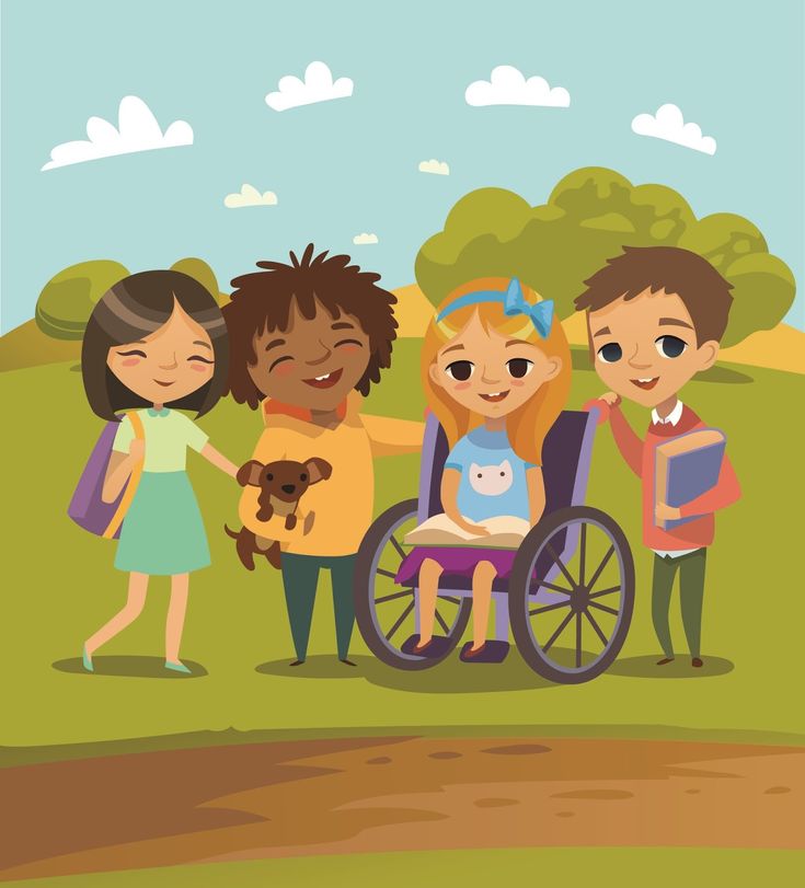 three children standing next to an adult in a wheelchair