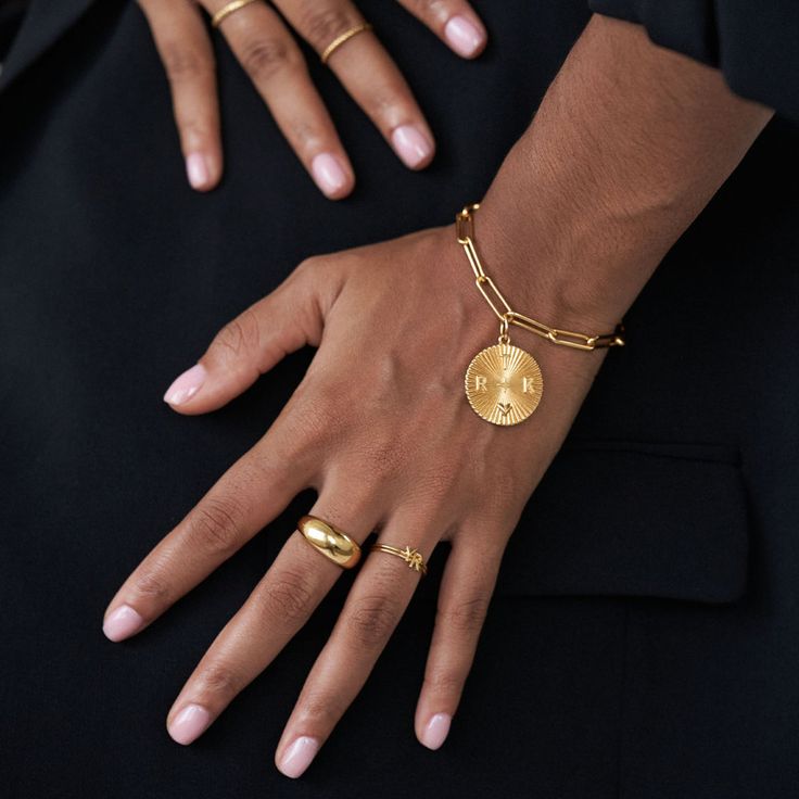 Tyra Initial Medallion Bracelet - Gold Vermeil - 4 Timeless Gold Brass Bracelets, Luxury Oval Paperclip Chain Jewelry, Timeless Jewelry With Round Paperclip Chain, Timeless Gold-plated Bracelet, Tarnish Resistant, Timeless Yellow Gold Paperclip Chain Bracelet, Timeless Paperclip Chain Jewelry, Timeless Gold-plated Tarnish-resistant Bracelet, Classic Yellow Gold Brass Bracelet, Gold Symbolic Bracelets For Everyday