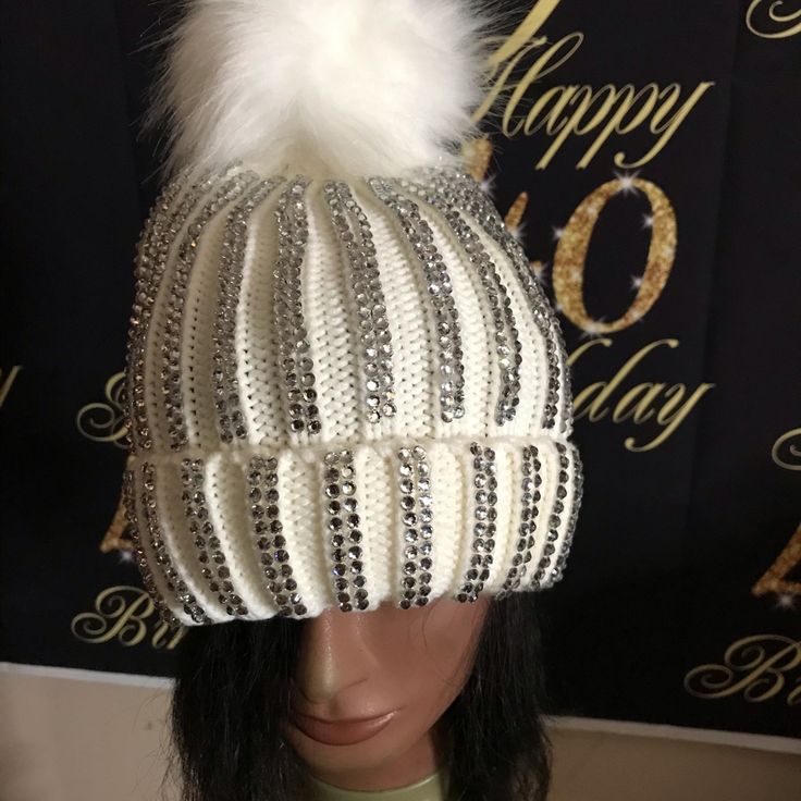 White And Diamond Fur Pompon Hats For Women Hat Bright Diamond Winter Warm Thick Knitted Skullies Beanies Female Caps 1 Order Sparkly Winter Hat, White Winter Beanie One Size, White Trendy Crochet Hat For Winter, Trendy White Crochet Winter Hat, White Crochet Hat For Winter, One Size, White Crochet Winter Hat, One Size, White Crochet Winter Hat One Size, Trendy White Beanie One Size, Trendy Warm White Hat