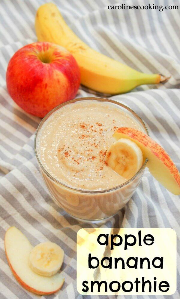 an apple and banana smoothie in a glass bowl