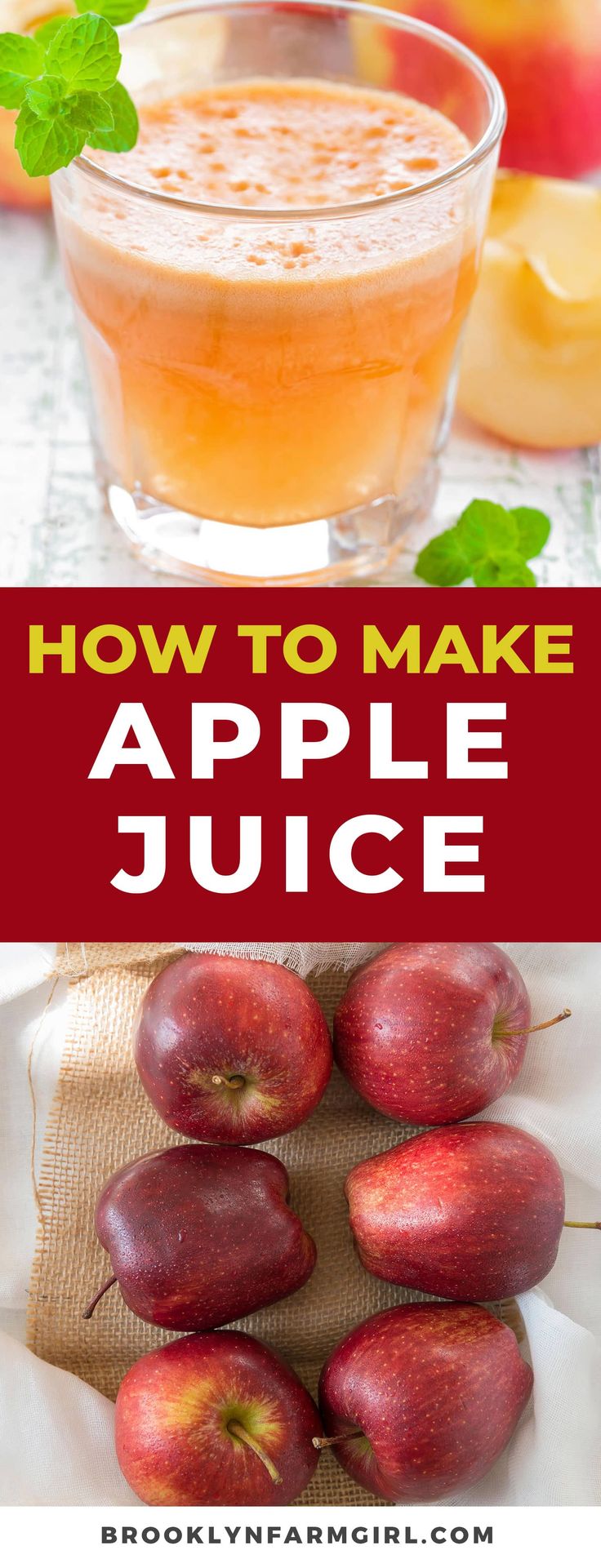 how to make an apple juice recipe with fresh fruit in the background and text overlay