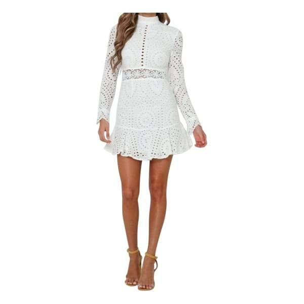 Flattering for all figures with a modest demeanor. Style with your hair pulled back and cute sandals to complete the look. Finished with a concealed back zipper. White Lace Crochet Dress For Party, Fitted Embroidered Summer Dress For Brunch, Fitted Embroidered Dress For Summer Brunch, Chic Summer Embroidered Wedding Dress, Chic Summer Wedding Embroidered Dress, Chic Embroidered Mini Dress For Wedding, Long Sleeve Lace Dress For Summer Date Night, White Chic Crochet Dress For Party, Summer Embroidered Lace Dress