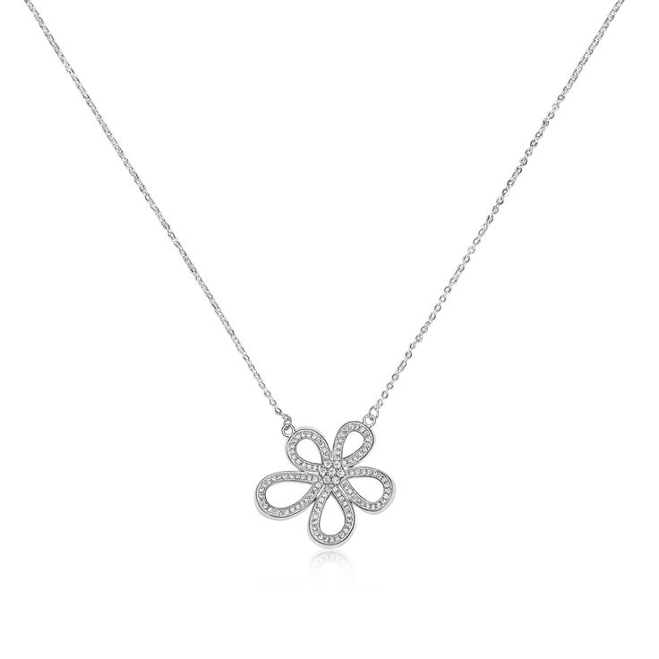 .925 sterling silver Simulated Diamonds Classic Silver Necklace With Flower Shape, Sterling Silver Fine Jewelry With Polished Finish, Fine Jewelry In Sterling Silver With Polished Finish, Elegant Sterling Silver Jewelry In Silver, Elegant Silver Sterling Silver Jewelry, Classic White Gold Flower Shaped Jewelry, Polished Sterling Silver Jewelry, Polished White Gold Sterling Silver Jewelry, Fine Jewelry Flower Pendant With Polished Finish