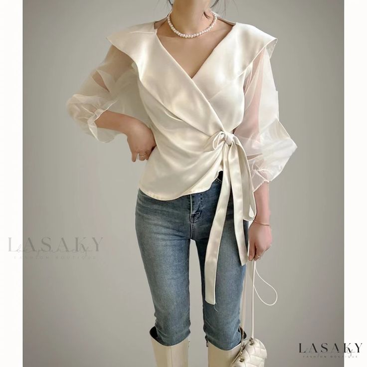 Lasaky - Womens Chiffon Shirt with Bubble Sleeves and Bow-Tie Detail Long Sleeve Shirt Women, Satin Shirts, Ladies Chiffon Shirts, Chiffon Style, Women Chiffon Blouse, Flare Long Sleeve, Chiffon Fashion, Vintage Material, Cute Blouses