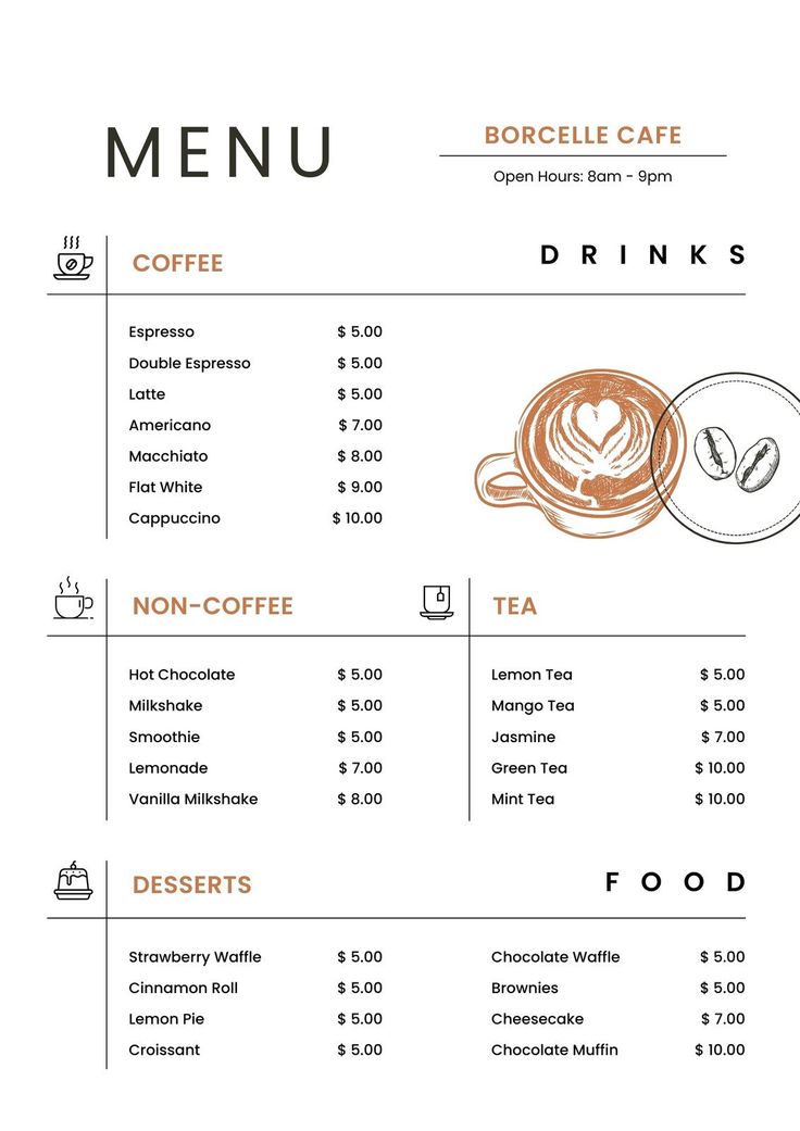 the menu for a coffee shop