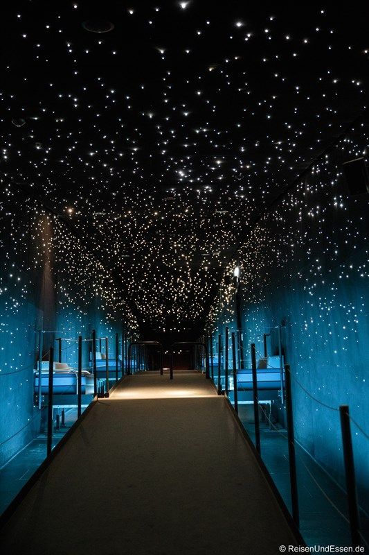 the ceiling is covered with hundreds of stars that are falling from the sky and shining brightly