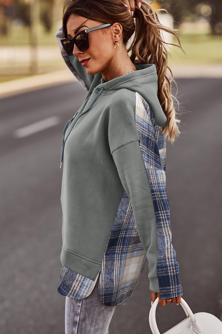 Gray Plaid Splicing Drawstring Hoodie Casual Hooded Tops With Contrast Color, Hooded Tops With Contrast Color For Fall, Casual Contrast Color Fall Sweatshirt, Fall Hooded Tops With Contrast Color, Trendy Patchwork Hoodie For Spring, Gray Cotton Patchwork Hoodie, Sporty Patchwork Top For Fall, Casual Fall Color Block Hoodie, Sporty Patchwork Sweatshirt For Fall