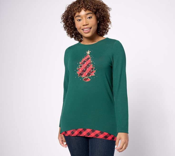 Embrace the festivities thanks to this holiday-themed knit tunic! A perfect outfit to wear while you decorate the tree or drink hot chocolate. From Quacker Factory®. Fall Holiday Knit Tops, Holiday Long Sleeve Knit Tops, Knit Tunic, The Tree, Soft Knits, Perfect Outfit, Hot Chocolate, Plaid, Tops & Tees