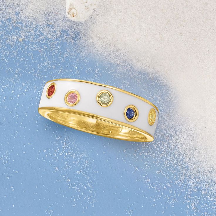 Ross-Simons - .20ct t. w. Multicolored Sapphire, White Enamel Ring Over Sterling. Size 5. Let a little color into the mix with this well-priced ring! Bright white enamel plays backdrop to a splashy mix of .20 ct. t. w. multicolored sapphire rounds. Crafted in polished 18kt yellow gold over sterling silver. 1/4" wide. White enamel and multicolored sapphire ring. Thick Ring, Gem Necklace, Fine Jewelery, Sapphire Color, Natural Gold, Sterling Jewelry, Enamel Ring, Station Necklace, Sapphire Necklace