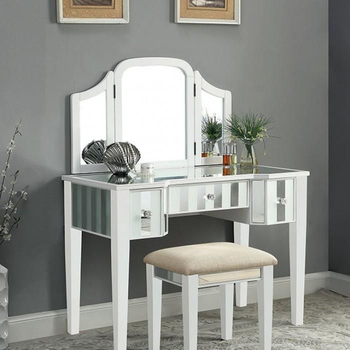 Cyndi CM-DK6361WH Vanity w/ Stool By Furniture Of AmericaBy sofafair.com Diy Table Ideas, Vanity With Makeup Area, White Wood Vanity, Vanity With Makeup, Bedroom Vanity Set, Large Mirrors, Makeup Area, Padded Stool, Mirror Trim