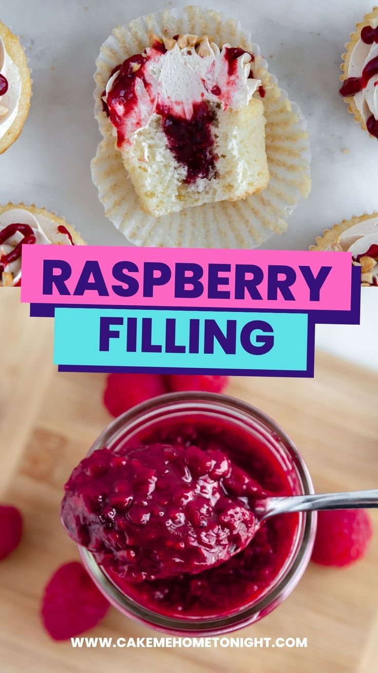 raspberry filling in a small glass jar next to cupcakes