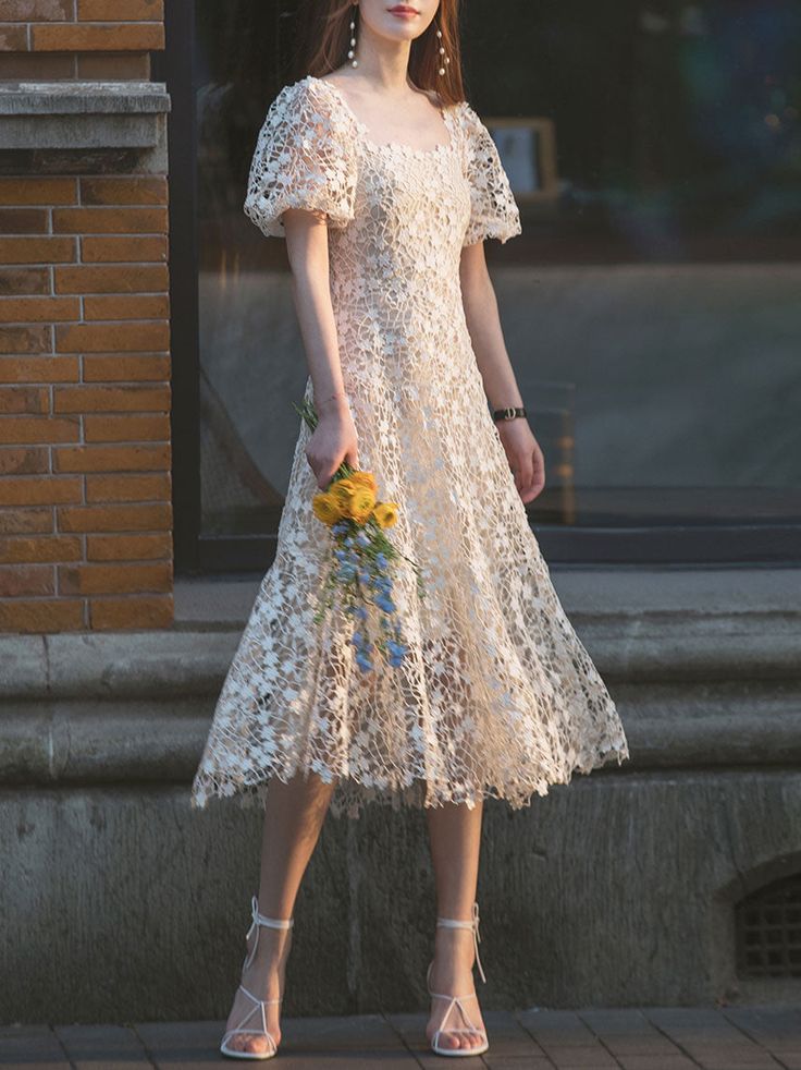 Beige Square Neck Wedding Dress, Beige Knee-length Wedding Dress, Beige Lace Dress With Short Sleeves, Beige A-line Lace Wedding Dress, Beige Lace Dress With Square Neck, Beige Midi Dress For Wedding With Square Neck, Beige Midi Dress For Wedding, Cream Lace A-line Dress, Cream Lace Dress With Square Neck