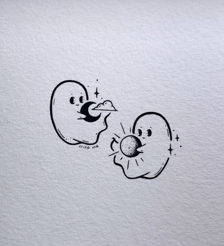 an apple drawing with two faces, one is looking at the other's face