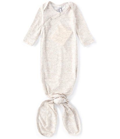 a baby sleepsuit with a knotted knot on the front and long sleeves, in light grey