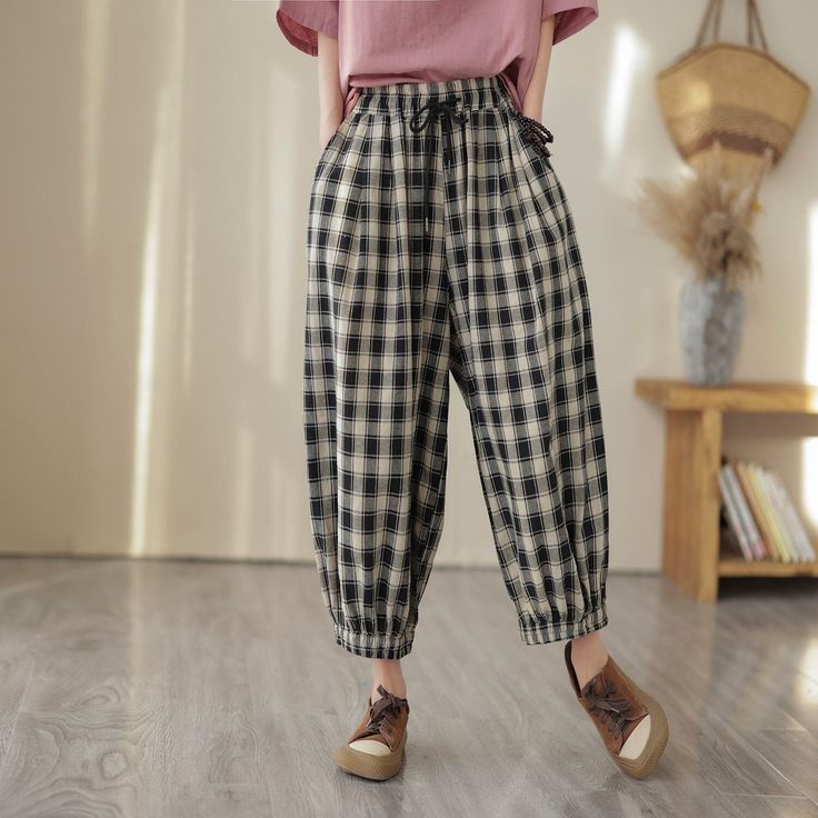 Details: Gender: Women Item Type: Pants Material: Cotton Linen Season: Spring, Autumn Pattern: Plaid Style: Casual, Loose, Retro Waist Type: Elastic Waist Size: One Size Waist: 70.00 - 100.00 cm/ 27.56 - 39.37 " Length: 81.00 cm/ 31.89 " Hip: 156.00 cm/ 61.42 " Thigh: 84.00 cm/ 33.07 " Bottom: 42.00 cm/ 16.54 " Plaid Relaxed Fit Summer Pants, Summer Plaid Relaxed Fit Pants, Summer Relaxed Fit Plaid Pants, Casual Plaid Pants For Spring, Relaxed Fit Plaid Pants With Elastic Waistband, Casual Plaid Wide Leg Pants, Casual Plaid Bottoms With Pockets, Casual Plaid Bottoms With Elastic Waistband, Casual Plaid Wide Leg Bottoms