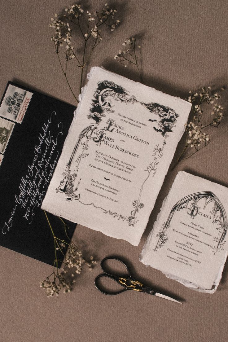 Invitations of a soirée hosted by Dracula himself, blending spooky elegance with Old Hollywood glam. Featuring hand-drawn bats and vintage book cover motifs, printed on luxurious handmade paper. The blood-red wax seal adds a final, dramatic flourish to this hauntingly glamorous gothic wedding suite. Dark Gothic Wedding Invitations, Vintage Gothic Wedding Invitations, Elegant Halloween Wedding Invitations, Goth Invitation Card, Dramatic Wedding Invitations, Gothic Vintage Fashion, Wax Sealed Invitations, Vampire Wedding Invitations, Historic Wedding Invitations