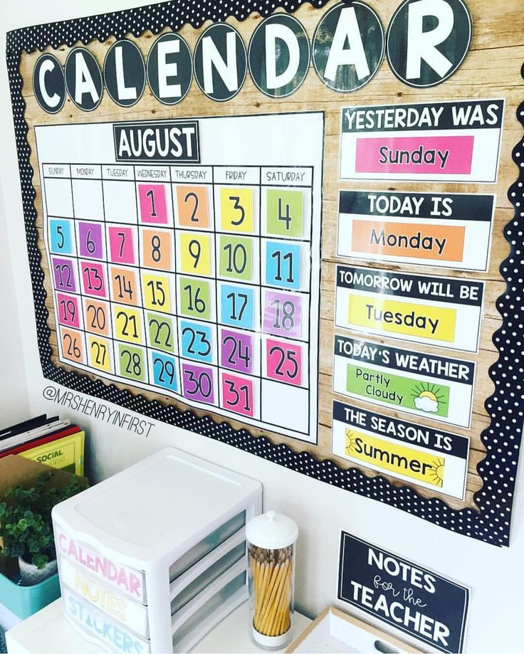 a bulletin board with calendars on it next to a microwave and other office supplies