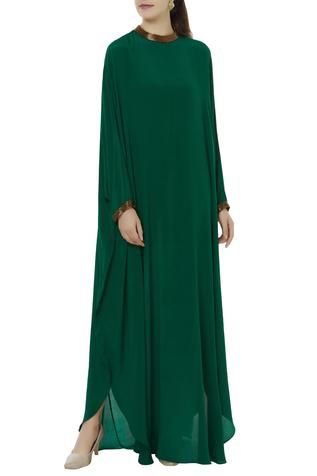 Shop for Huemn Green Silk Crepe Kaftan Gown for Women Online at Aza Fashions Green Maxi Dress With Draped Sleeves, Green Floor-length Maxi Dress For Eid, Eid Green Floor-length Maxi Dress, Green Silk Floor-length Kaftan, Elegant Green Georgette Kaftan, Green Maxi Dress With Draped Sleeves For Formal Occasions, Green Maxi Dress With Draped Sleeves For Formal Events, Green Georgette Maxi Dress With Long Sleeves, Green Long Sleeve Georgette Maxi Dress