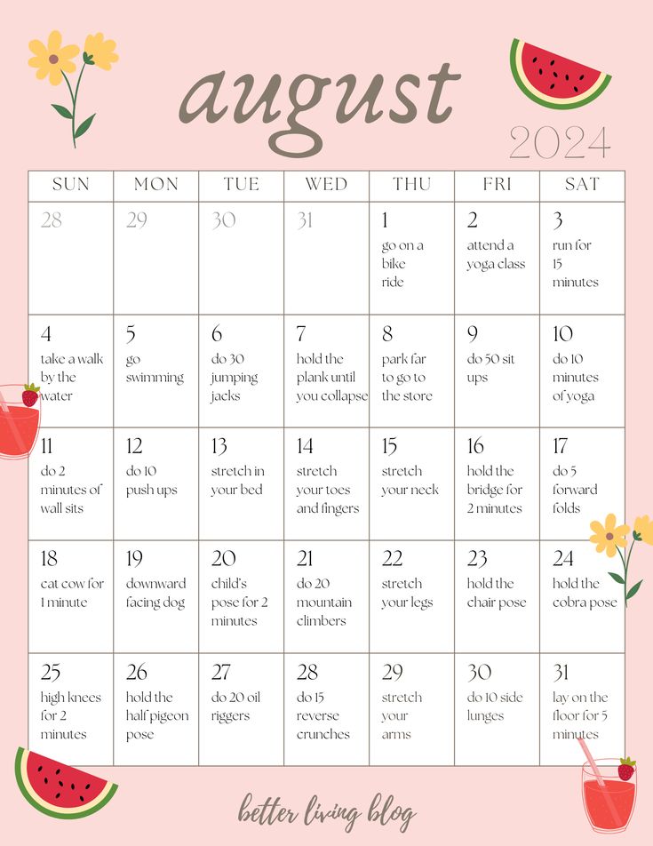 the august calendar with watermelon and daisies on it, including dates for each month