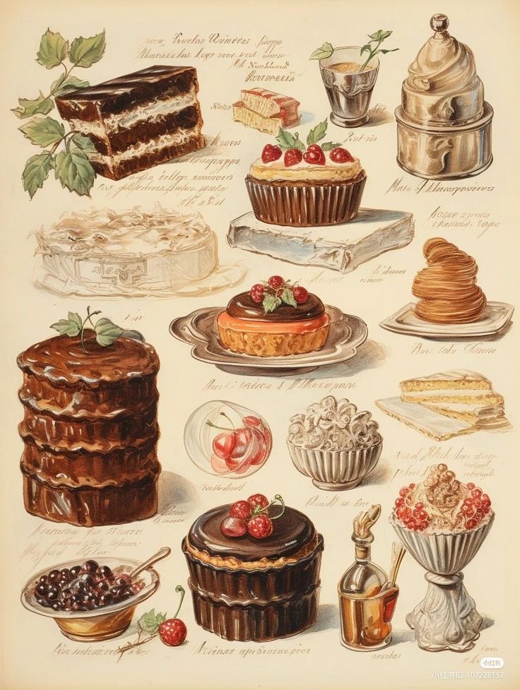 an illustration of desserts and pastries on display