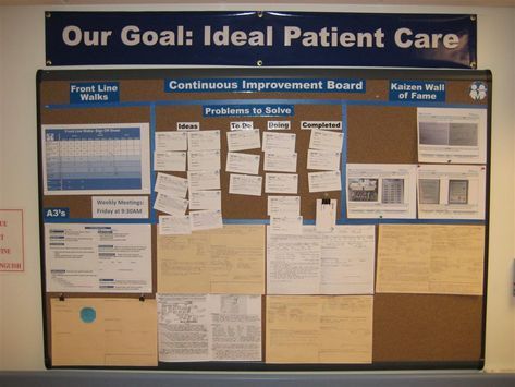 a bulletin board covered in lots of papers and sticky notes with the words our goal ideal patient care written on it