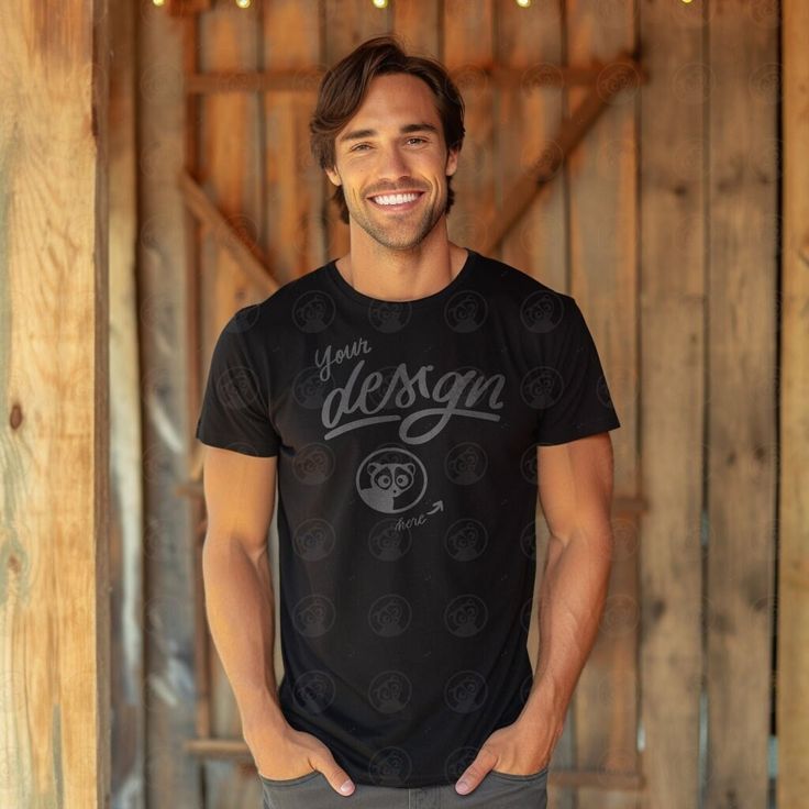 INSTANT DOWNLOAD - no physical item will be delivered A mockup showcasing a male model in a black T-shirt. Man's Black T shirt mockup digital file. On our store you can find unique, trendy and price friendly mockups of men and women's T shirts. Just put your design on the t-shirts and start selling like a pro! Once your payment is cleared, you will receive an email with the download link. You can also access your purchase via your Etsy profile. Download the files, and start working on your images.  The high-resolution JPG file of t-shirt mockup will be blank and without any watermarks. Use any image editing software and add your design on top of the base image. Now you can upload it to your online store. Each mockup photo can be used multiple times. - You will receive a high-resolution 102 Casual Black Sublimation Design Shirt, Casual Black Sublimation Printed Design, Black Cotton Shirt With Print, Black Short Sleeve Printed T-shirt, Black Printed Crew Neck Top, Black Printed Short Sleeve T-shirt, Black Printed Cotton Shirt, Masculine Man, Cute Guy