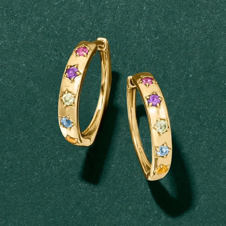 Ross-Simons - .32ct t. w. Multi-Gemstone Huggie Hoop Earrings in 14kt Yellow Gold. 1/2". RS Pure. Modern designs that complete your outfit and complement your personality. Add color to your day with these dainty huggie hoop earrings. They feature .32 ct. tot. gem wt. rhodolite garnet, blue topaz, amethyst, citrine and peridot rounds on simple 14kt yellow gold hoops. Hanging length is 1/2". Hinged post, multi-gemstone huggie hoop earrings. Peridot birthstones are the perfect gift for August birth Yellow Gold Gemstone Hoop Jewelry, Yellow Gold Gemstone Hoop Earrings For Everyday, Luxury Gemstone Hoop Huggie Earrings, Gold-plated Gemstone Hoop Earrings, Gold Multi-stone Hoop Earrings, Peridot Birthstone, Gemstone Hoop Earrings, Accesories Jewelry, Rhodolite Garnet