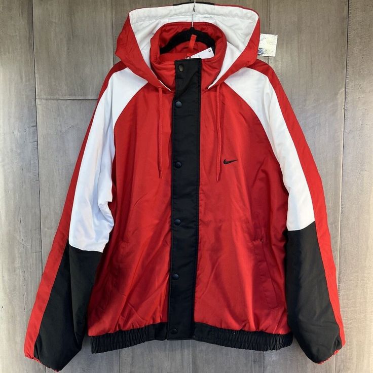 Nike Dna Force Men's Full Zip Hooded Coat Jacket Condition: New With Tags Color: Red / Black / White Size: Large Style Code: Dq6198-657 Features - Full Zip / Button Closure - Oversized Fit - Synthetic Fill - Zip Pockets - Drawstring Hood Red Nylon Hooded Track Jacket, Red Windbreaker With Drawstring Hood For Fall, Sporty Red Outerwear With Drawstring Hood, Red Sporty Outerwear With Drawstring Hood, Red Hooded Jacket With Pockets For Cold Weather, Red Windproof Nylon Outerwear, Red Hooded Nylon Outerwear, Hooded Red Nylon Outerwear, Red Fall Windbreaker With Drawstring Hood