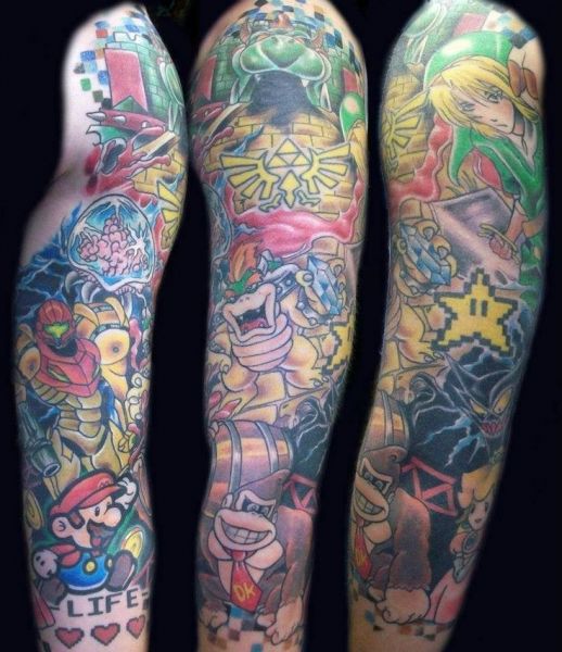 some very colorful tattoos on both arms and legs, all with different characters in them