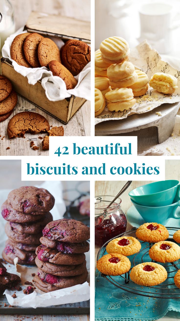 four different pictures with cookies and desserts in the bottom left hand corner, on top right