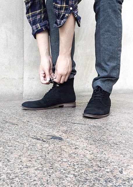 The must-have boots for this chilly season | Darren Tsang sports these leather lace-up boots with grey slacks and a plaid button-down Grey Slacks, Fade Styles, Leather Lace Up Boots, Outfit Combinations, Suede Material, Antique Finish, Leather Lace, Men's Style, Lace Up Boots