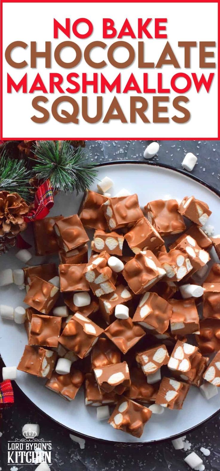 no bake chocolate marshmallow squares on a white plate