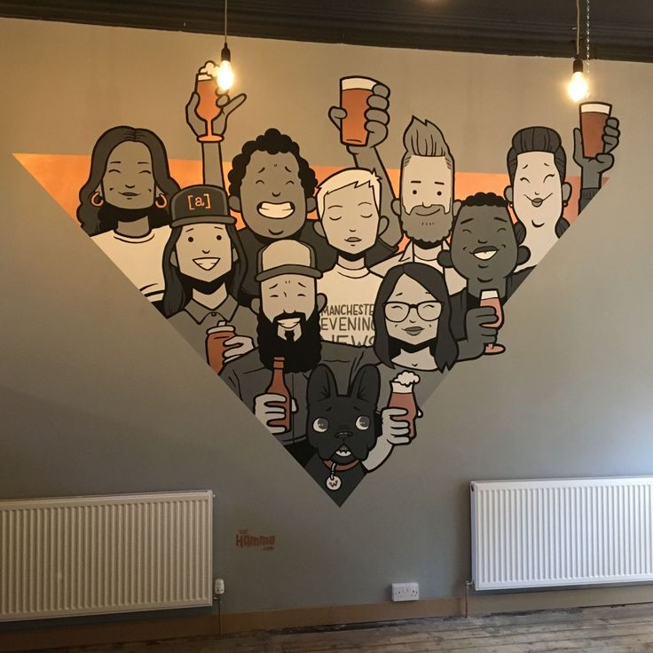 a large mural with many people holding beer mugs in the shape of a heart