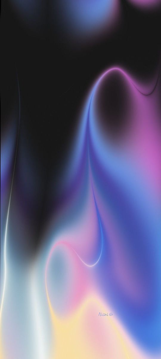 an abstract painting with blue, pink and yellow colors on black background that looks like fluid paint