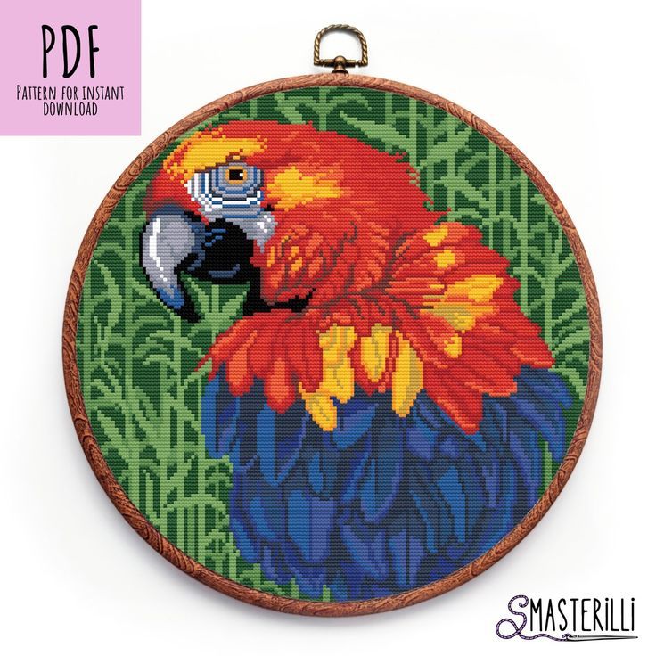 DIGITAL PDF CROSS STITCH PATTERN FOR INSTANT DOWNLOAD Bright colorful parrot on a background of green leaves. A great idea to create a home decor decorated with this embroidery  #crossstitch #crossstitchpattern #embroiderydesign #hoopart Red Parrot, Embroidery Ornaments, Birds Embroidery Designs, Xstitch Patterns, Colorful Parrots, Animal Cross Stitch Patterns, Bird Embroidery, Cross Stitch Animals, Modern Cross Stitch Patterns