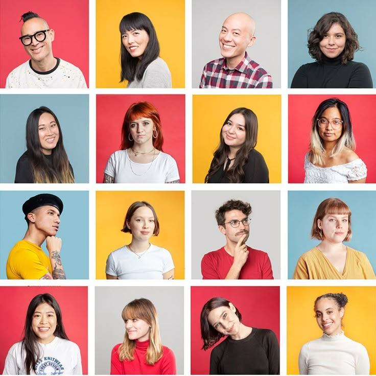 a group of people standing in front of each other with different expressions on their faces