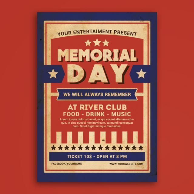 an old - fashioned memorial day poster is displayed on a red and blue background with the words, we will always remember at river club