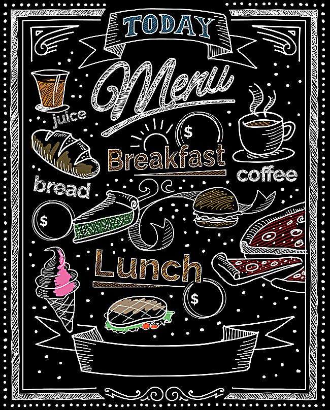 a chalk board with different types of food and drinks on it, as well as the words