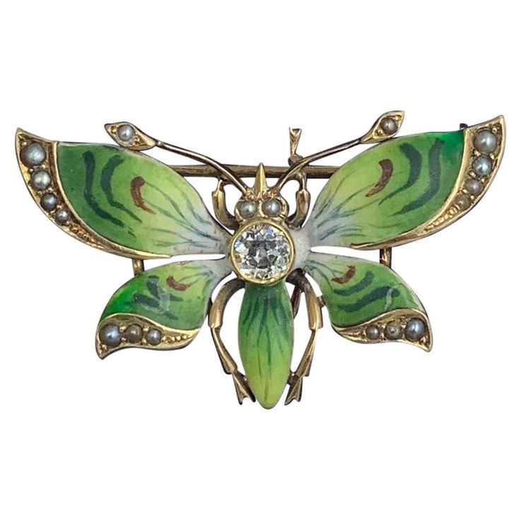 Art Nouveau Butterfly Pendant Brooch OMC Diamond Enamel 14 Karat Gold | From a unique collection of vintage Pendant Necklaces at https://www.1stdibs.com/jewelry/necklaces/pendant-necklaces/. Art Nouveau Cabochon Brooches For Weddings, Art Nouveau Cabochon Wedding Brooches, Victorian Enamel Brooches For Formal Wear, Victorian Enamel Brooches For Formal Occasions, Collectible Art Nouveau Hallmarked Brooch, Victorian Style Enamel Brooches For Formal Occasions, Antique Green Brooch For Evening, Antique Enamel Brooches For Formal Occasions, Green Art Nouveau Wedding Brooches