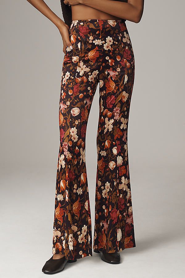 Viscose, elastane Side zip Hand wash Imported | Satin Flare Pants by Anthropologie, Women's, Size: 0, Viscose/Elastane Chic Full-length Floral Print Pants, Chic Flared Floral Print Bottoms, Chic Flared Bottoms With Floral Print, Chic Floral Print Flare Bottoms, Fitted High Waist Floral Print Wide Leg Pants, Floral Print Full-length Pants For Fall, Fall Floral Print Full Length Pants, Stretch Wide Leg Pants With Floral Print, Stretch Floral Print Straight Pants