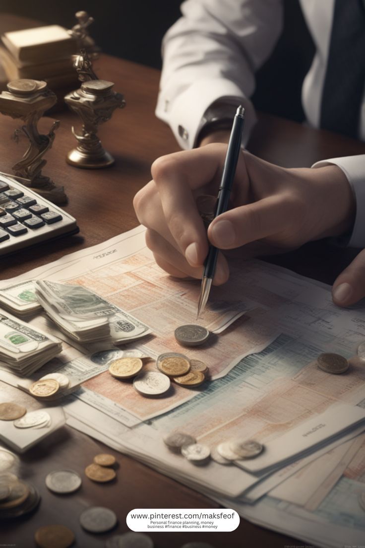 a man in a suit writing on money with a calculator next to him